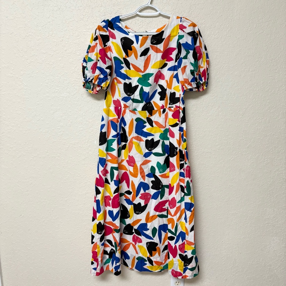 Calvin Klein Puff Sleeve Midi Dress Women’s Multi Color Size 10 Cotton Colorful